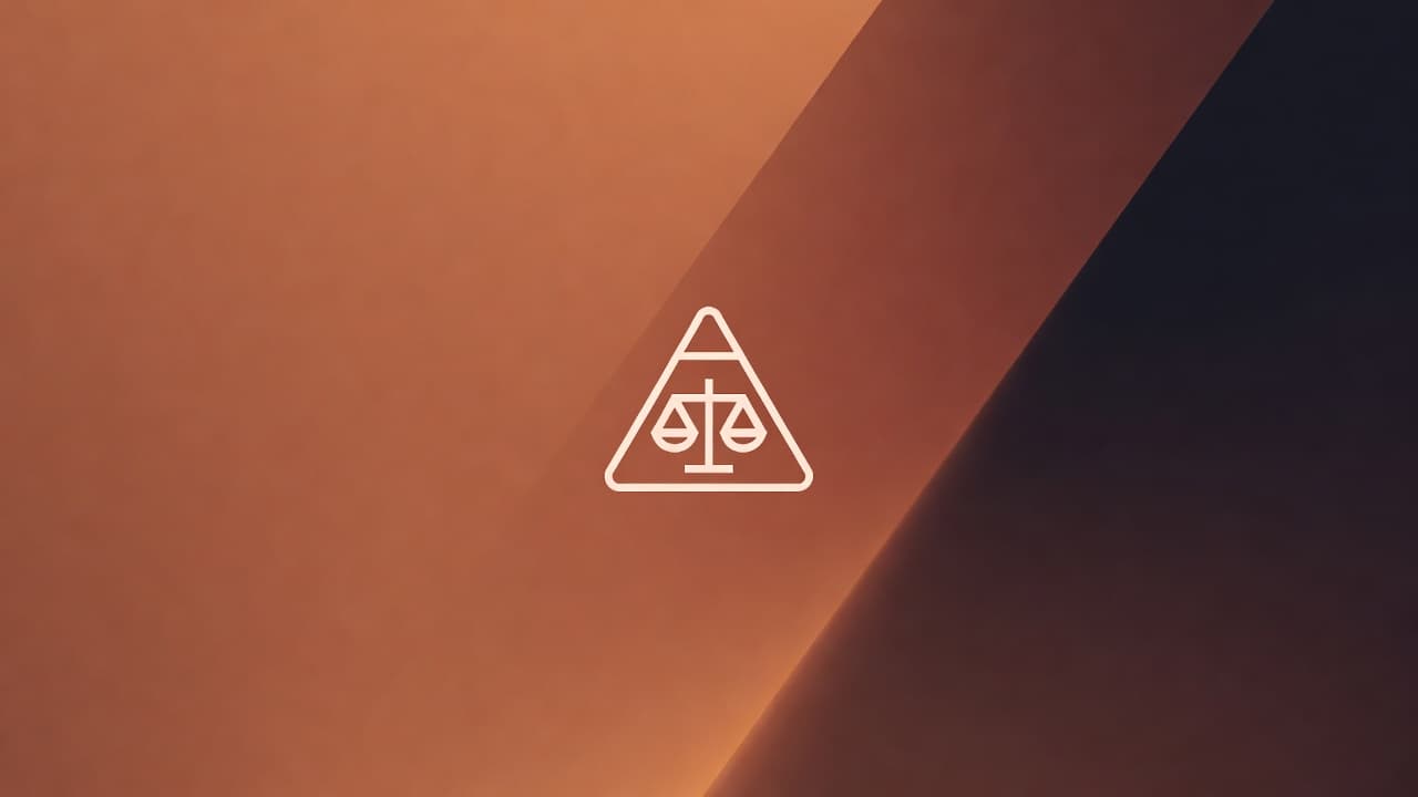 Símbolo de la balanza de la justicia dentro de un triánguo sobre nube de tinta anaranjada y fondo degradado de colores cálidos naranja a negro.