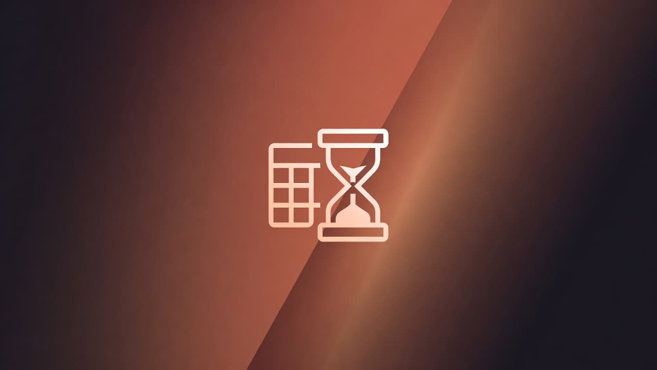 Icono con reloj de arena sobre una tabla excel todo ello sobre fondos de gradientes naranjas en el centro y negro hacia los laterales.