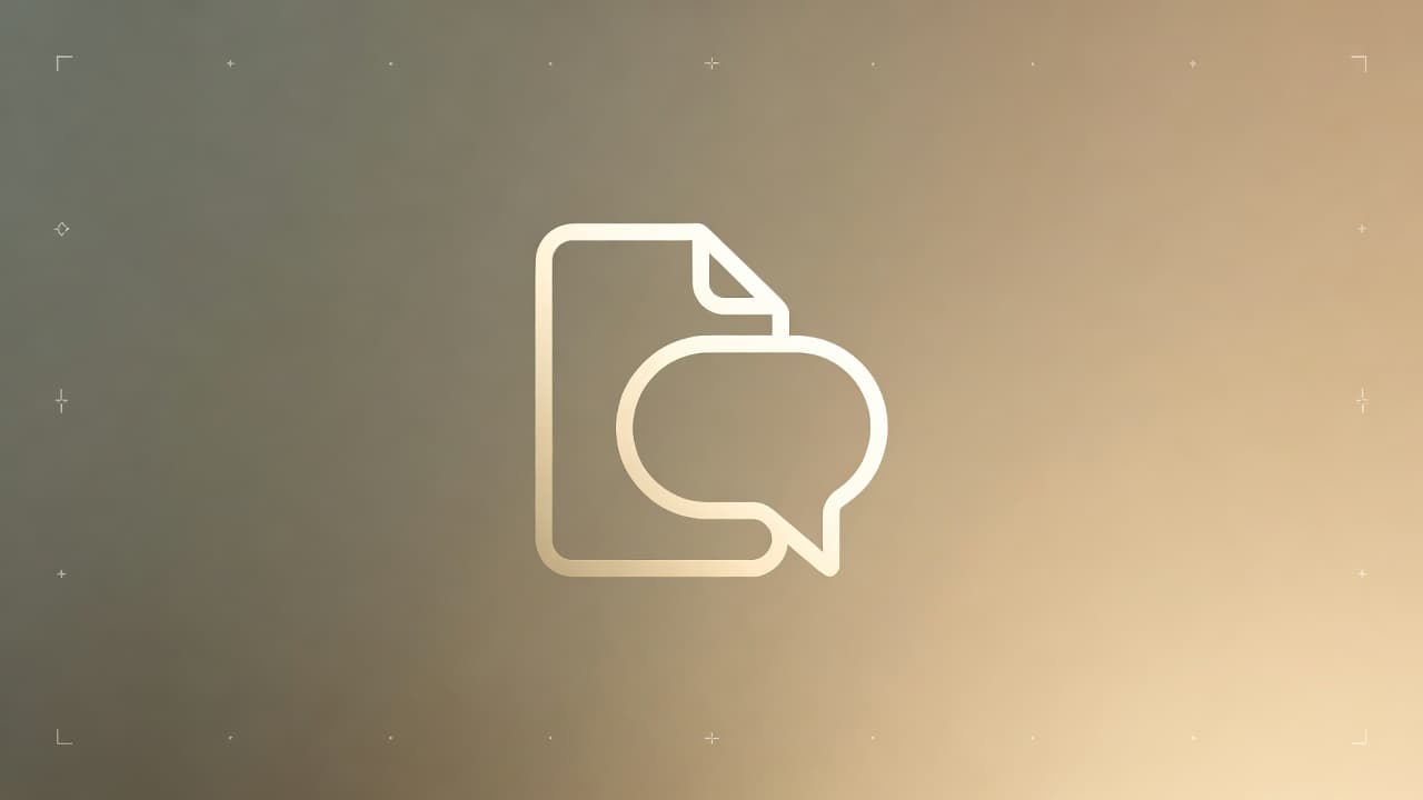 Icono de una página superpuesto con un bocadillo de conversación sobre un fondo degradado de ocres a beige.